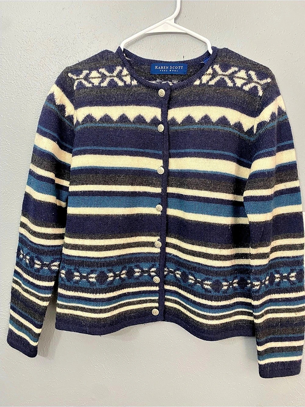 Karen Scott Pure Wool Geometric Cardigan in Blue & White Size Medium
